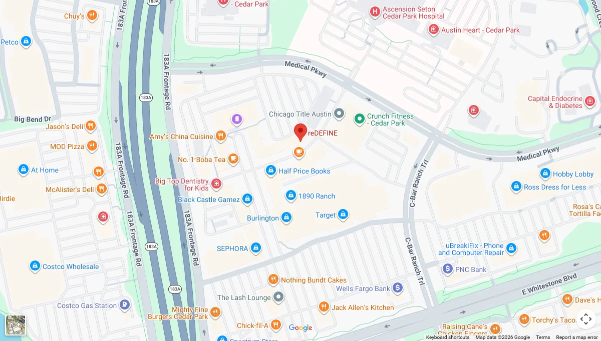 Map showing reDEFINE You at 1335 E Whitestone Blvd, Building U, Cedar Park
